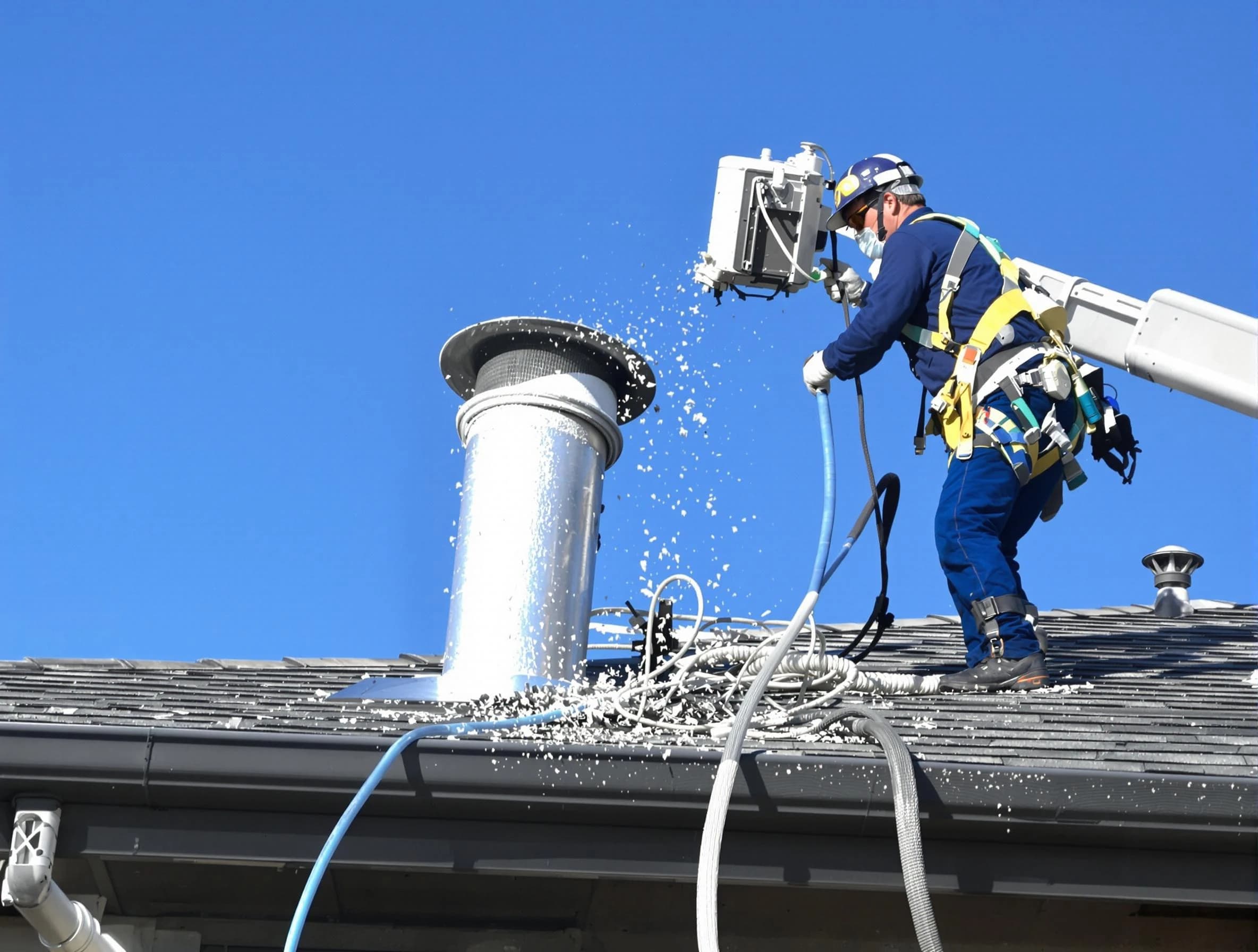 Malden Dryer Vent Cleaning certified technician safely cleaning a roof-mounted dryer vent in Malden