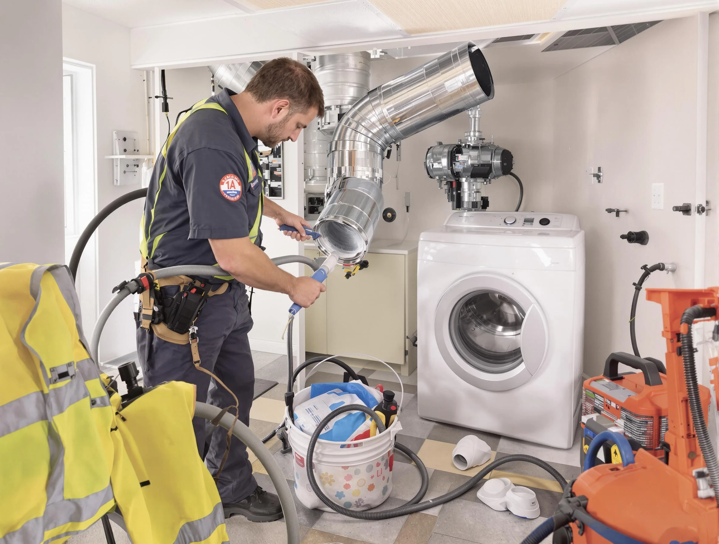 Malden Dryer Vent Cleaning technician using specialized equipment to clear severe dryer vent blockage in Malden